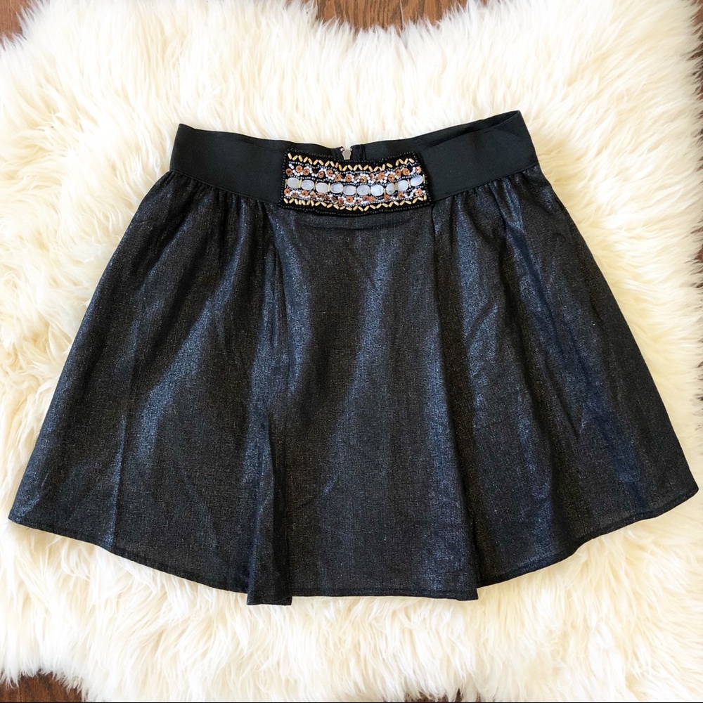 Peppermint Charcoal Gray Metallic Beaded Band Boho Holiday Linen Blend Skirt